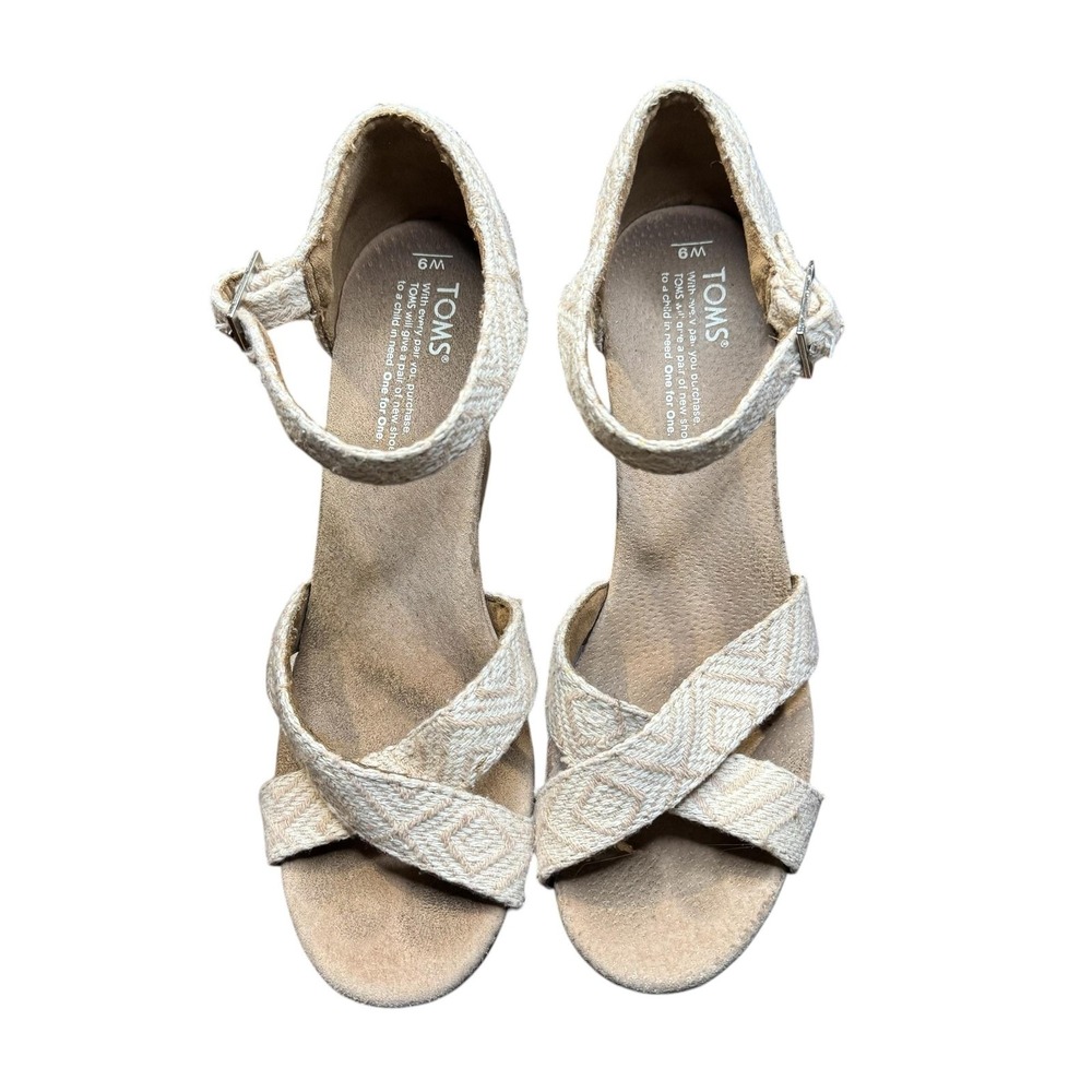 TOMS Shoes Womens Size 9 Beige Linen Strappy Wedge Sandals Cork Heel Ankle Strap